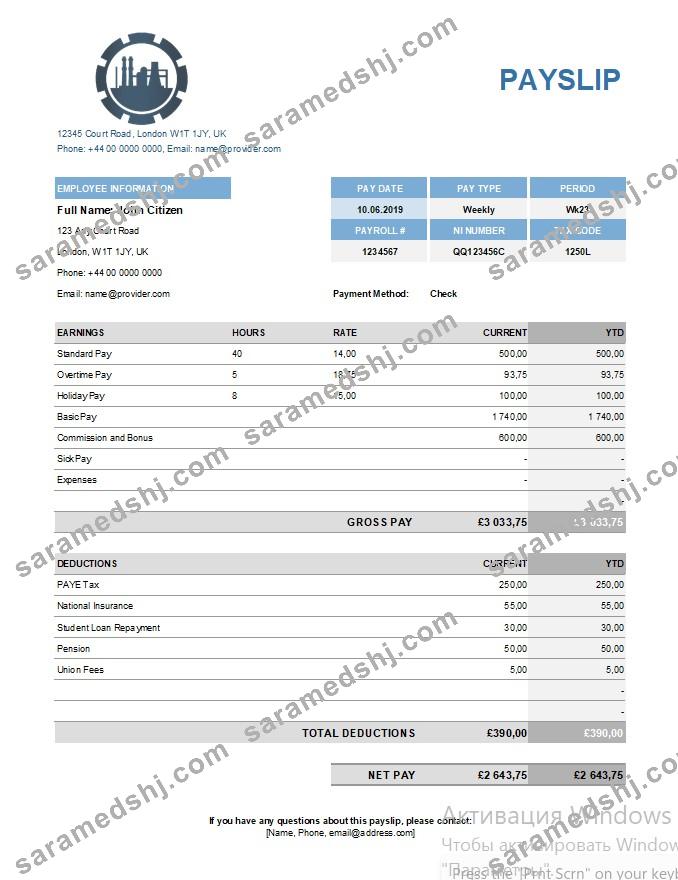 Chemical company payslip template in Excel and PDF formats